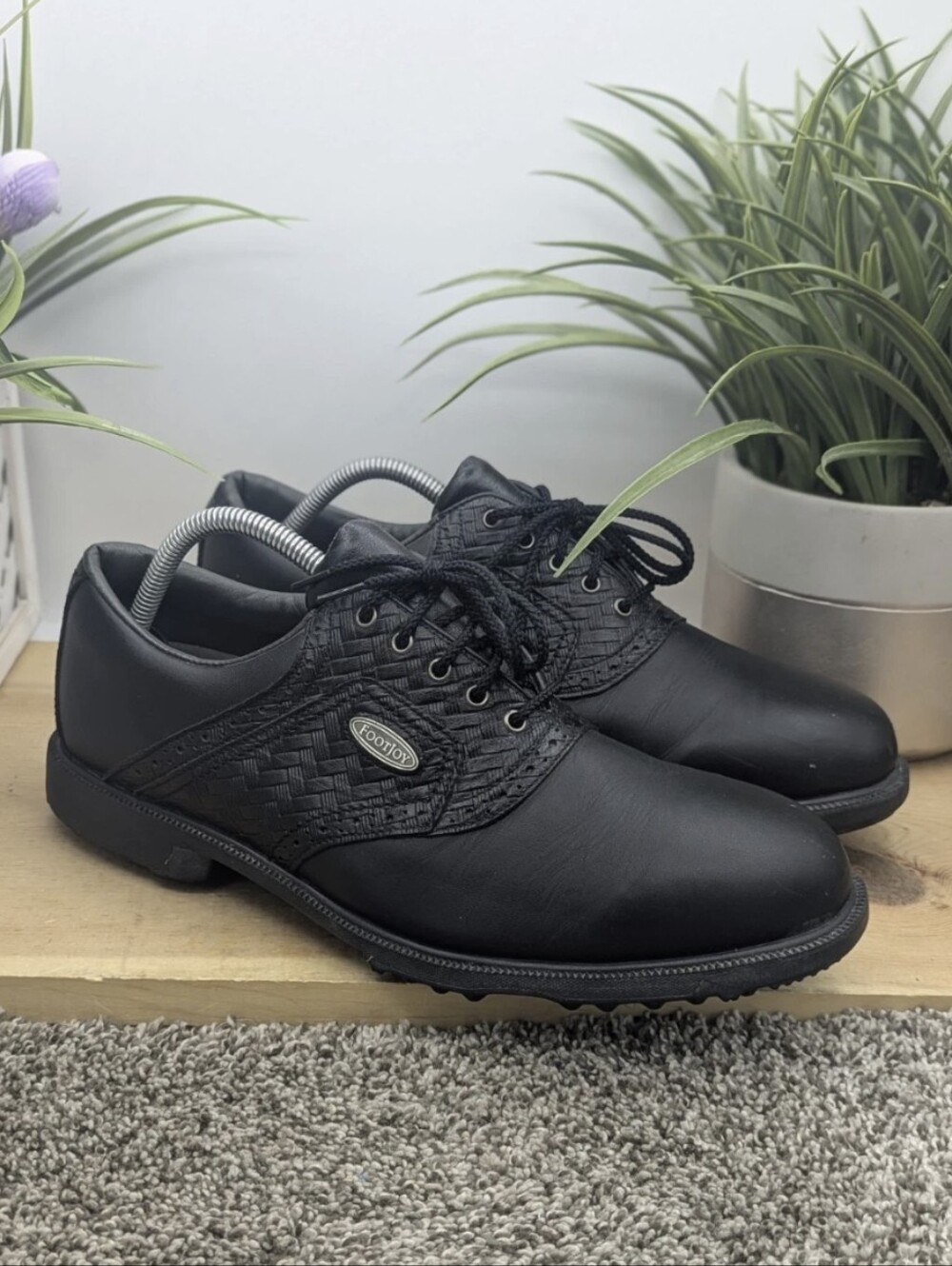 Footjoy Black Leather Plastic Spike Mens Size 10.5 Waterproof Golf Shoes